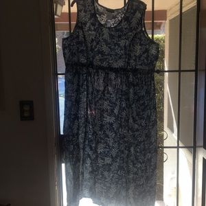 A-Line fit style dress. Blue and white leaves.